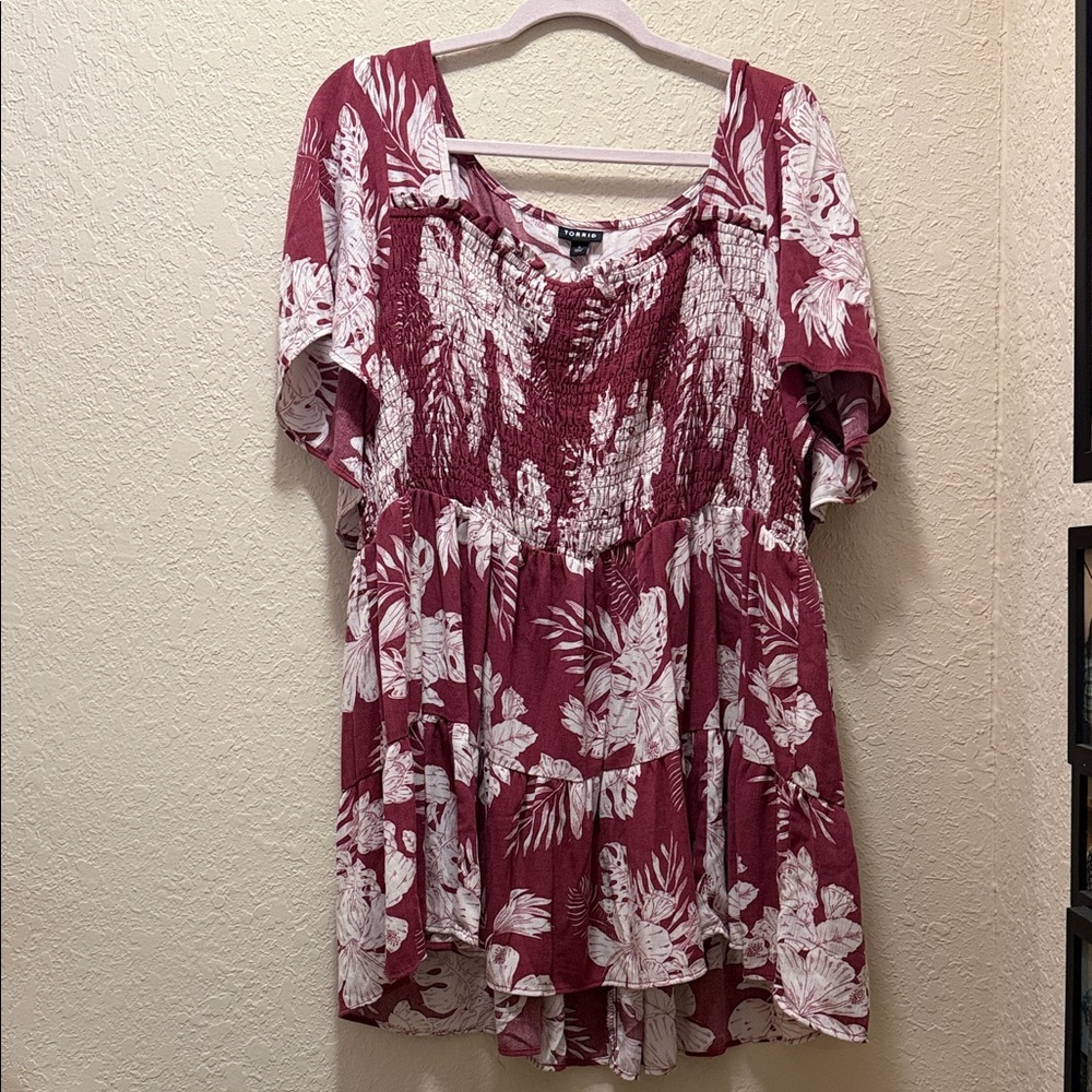 TORRID - Neon Tropics Maroon Babydoll Washable Gauze Smocked Tiered Top